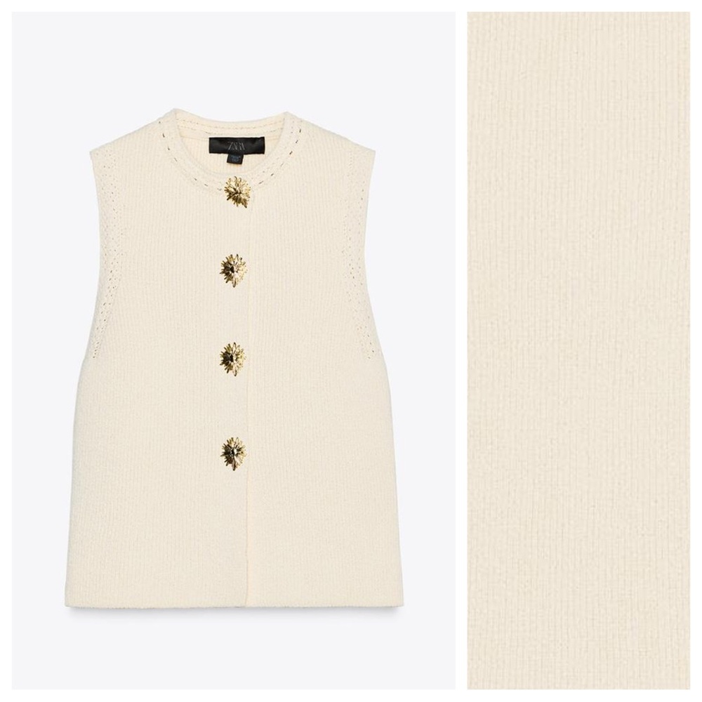 NWOT. Zara Light Beige Gold Buttons Knit Top. Size S. - Picture 4 of 9